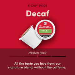 Tim Hortons decaf K-Cup pod close-up top view highlighting easy-use design