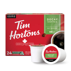 Tim Hortons decaf K-Cup front packaging showing count and roast benefits