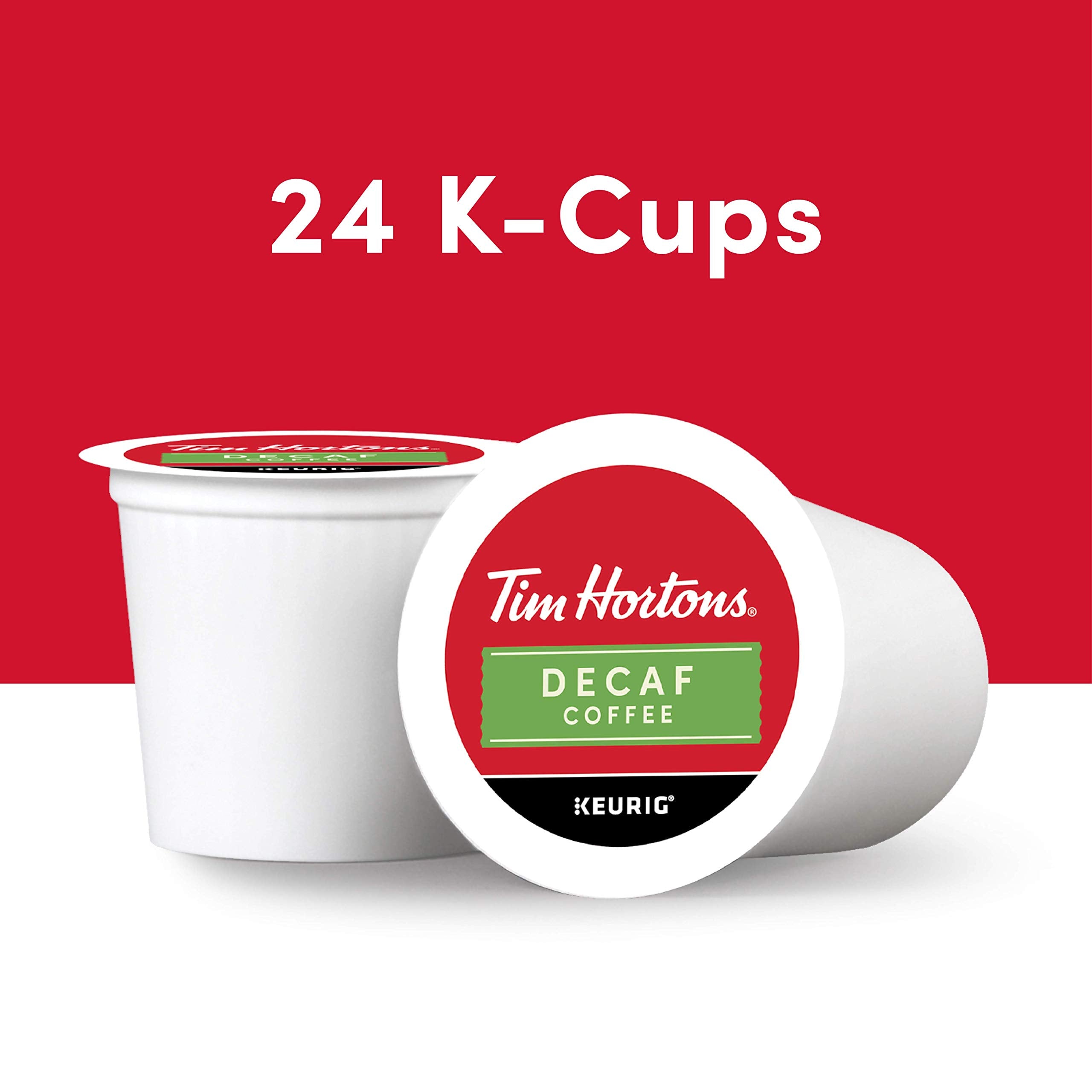 Close-up of Tim Hortons decaf K-Cup pods showing lid detail and branding clarity