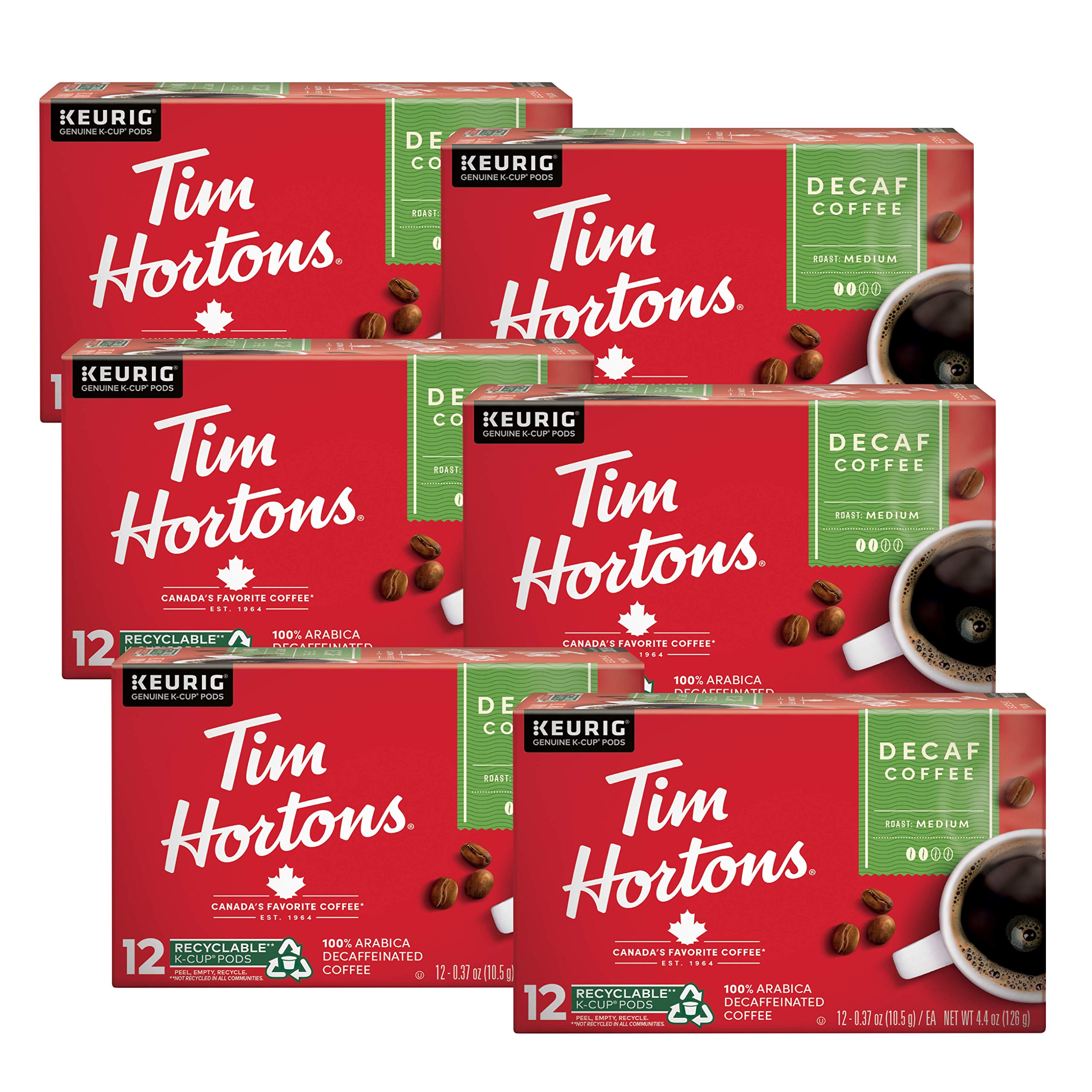 Tim Hortons front packaging of decaf medium roast pods showing brand and red box benefit convenience
