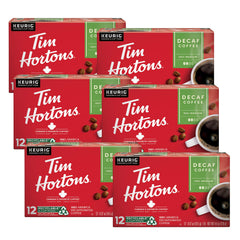 Tim Hortons front packaging of decaf medium roast pods showing brand and red box benefit convenience