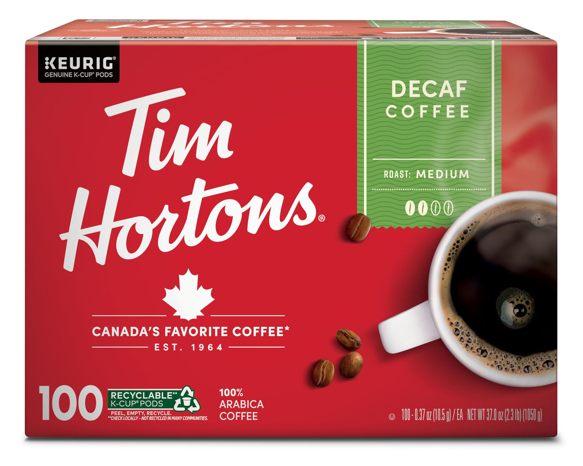 Tim Hortons decaf medium roast front box showing branding and 100-count convenience