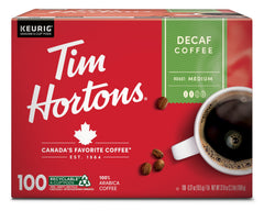 Tim Hortons decaf medium roast front box showing branding and 100-count convenience