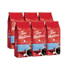 Tim Hortons front packaging of French Vanilla ground coffee highlighting brand and flavor