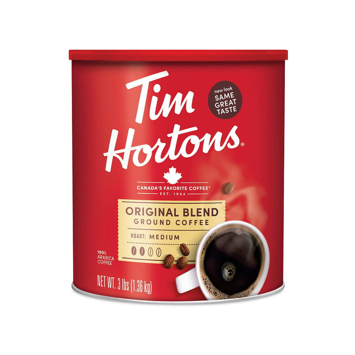 Tim Hortons front canister showing brand and size for reliable storage