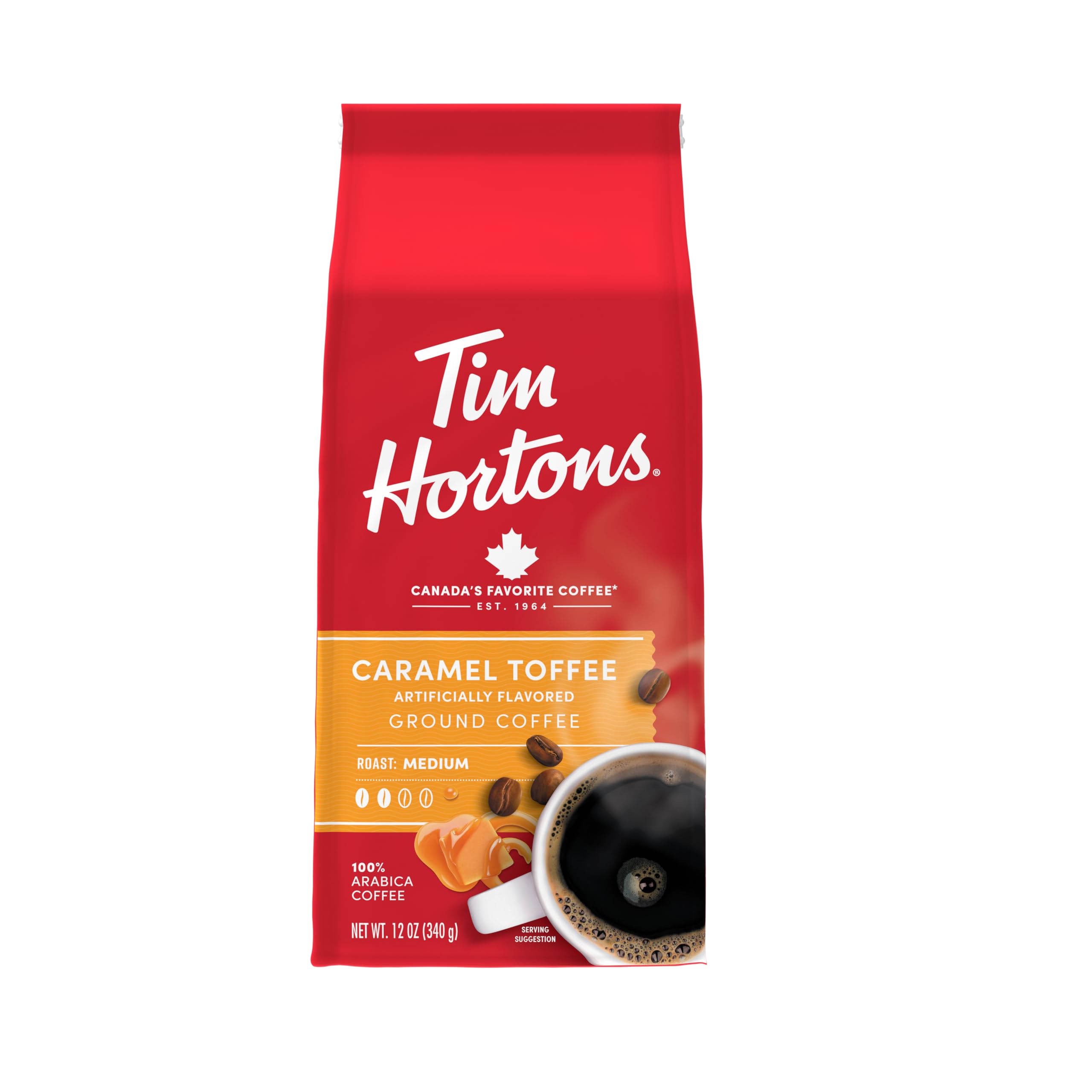Tim Hortons front of bag showing caramel toffee flavor and brewing uses benefit of easy identification