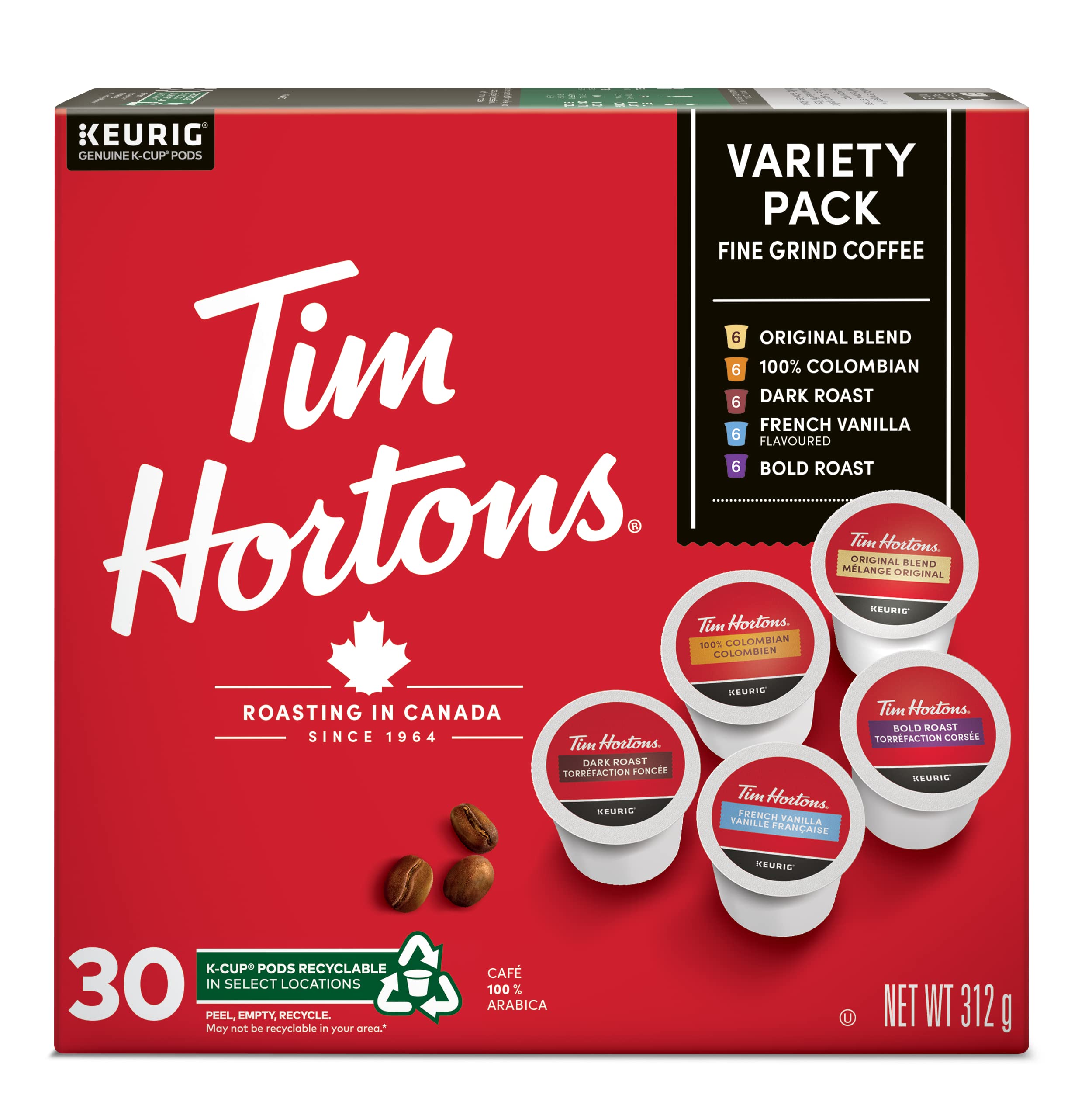 Tim Hortons front packaging showing 30-count variety for easy at-home brewing