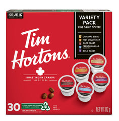 Tim Hortons front packaging showing 30-count variety for easy at-home brewing
