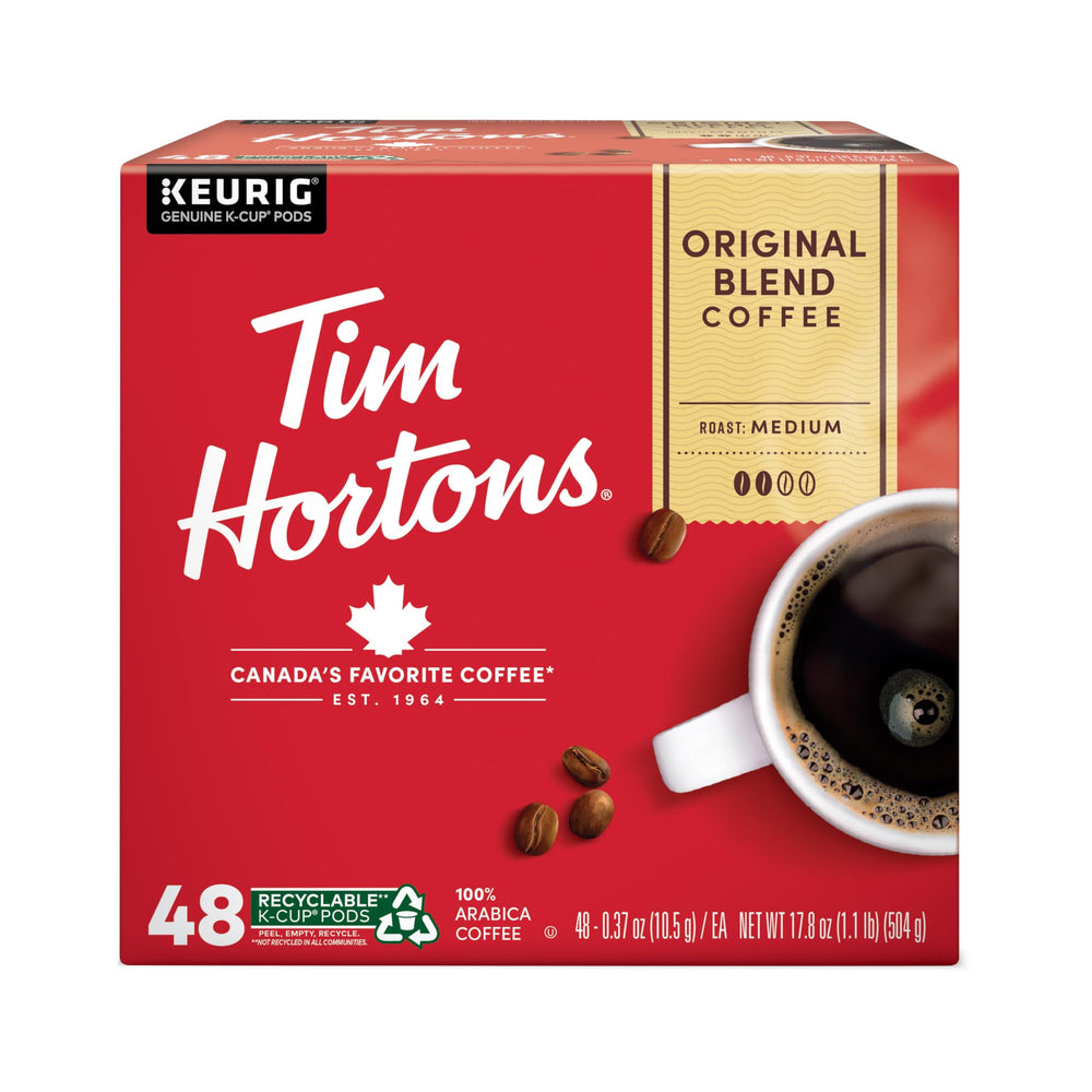 Tim Hortons front packaging showing 48-count K-Cup pods and clear branding for convenience