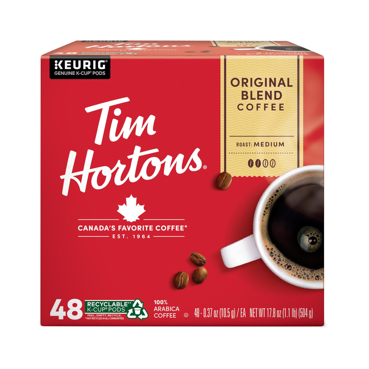 Tim Hortons front packaging showing 48-count K-Cup pods and clear branding for convenience