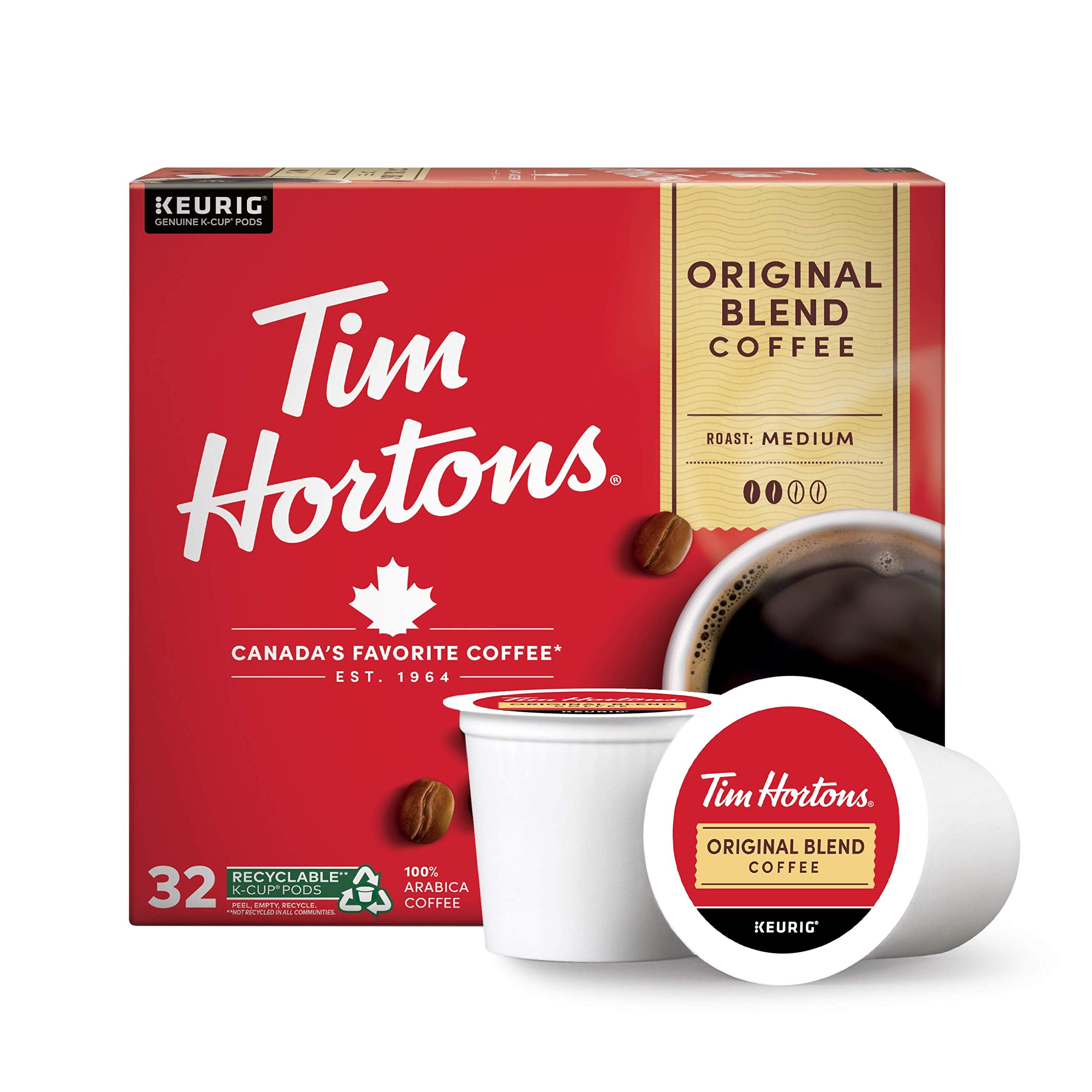 Tim Hortons red pack front view showing Original Blend and 32 count benefit