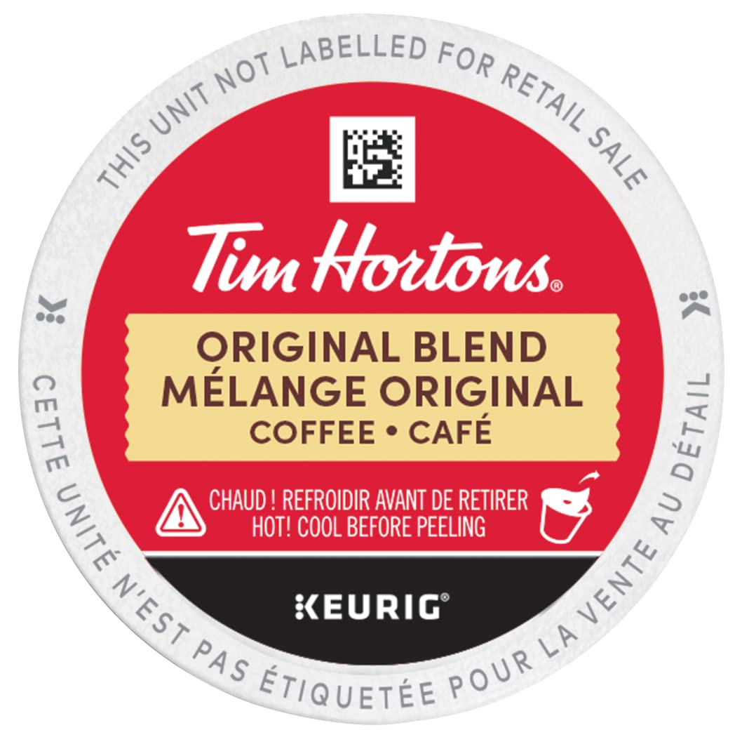 Top view of Tim Hortons Original K-Cup pod displaying brand and everyday taste