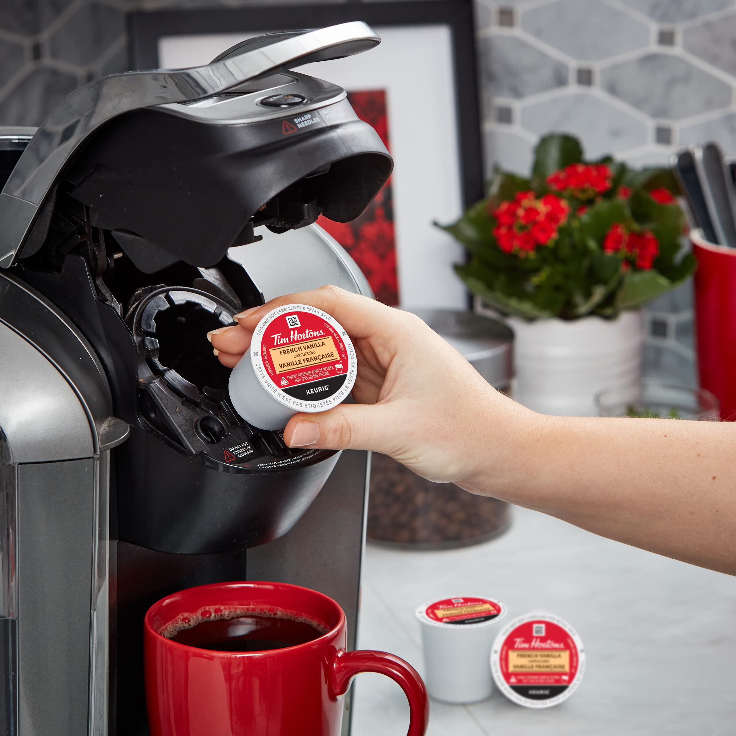 Tim Hortons pod in Keurig slot demonstrating quick single-serve brewing