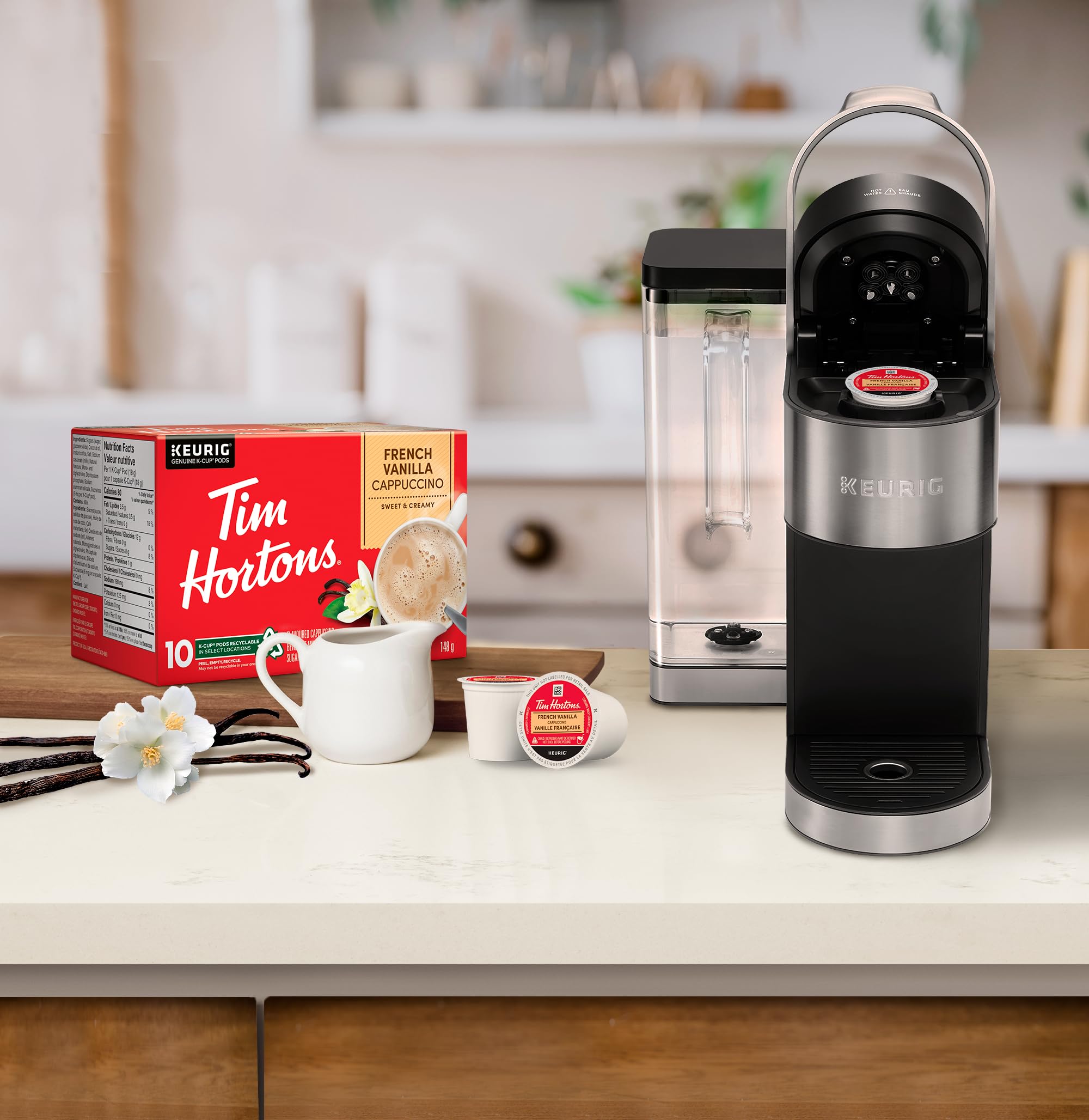 Tim Hortons pod next to a coffee mug illustrating portion and scale