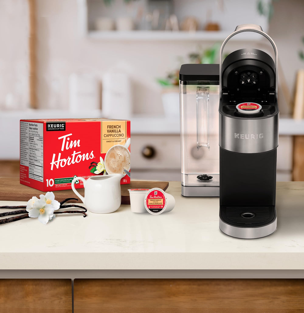Tim Hortons pod next to a coffee mug illustrating portion and scale