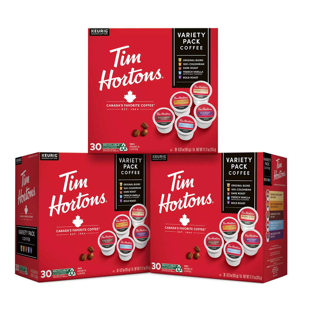 Tim Hortons front packaging of 90-count variety pack showing assortment and convenience