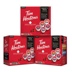 Tim Hortons front packaging of 90-count variety pack showing assortment and convenience