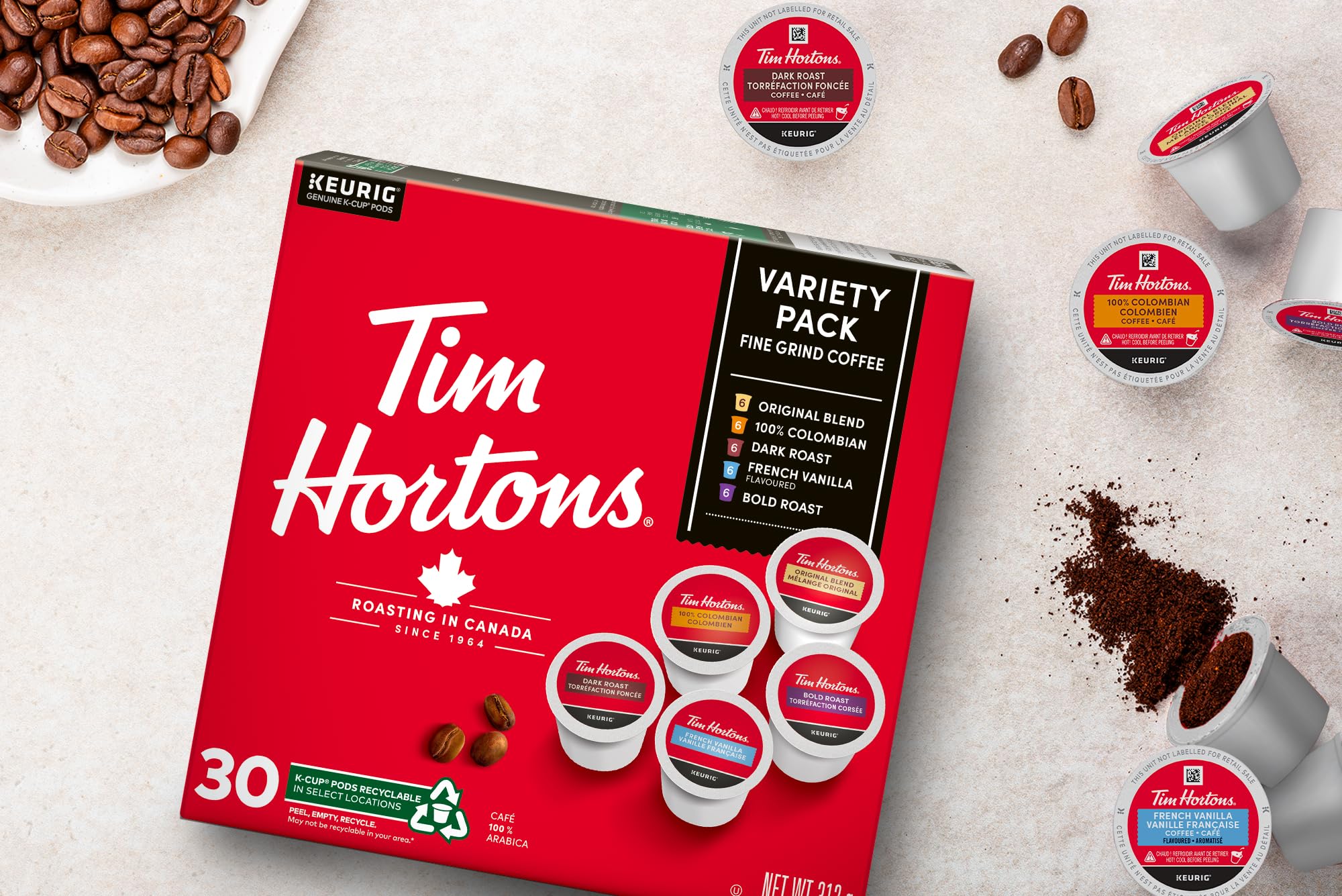 Tim Hortons variety pack beside Keurig machine in kitchen for quick convenience