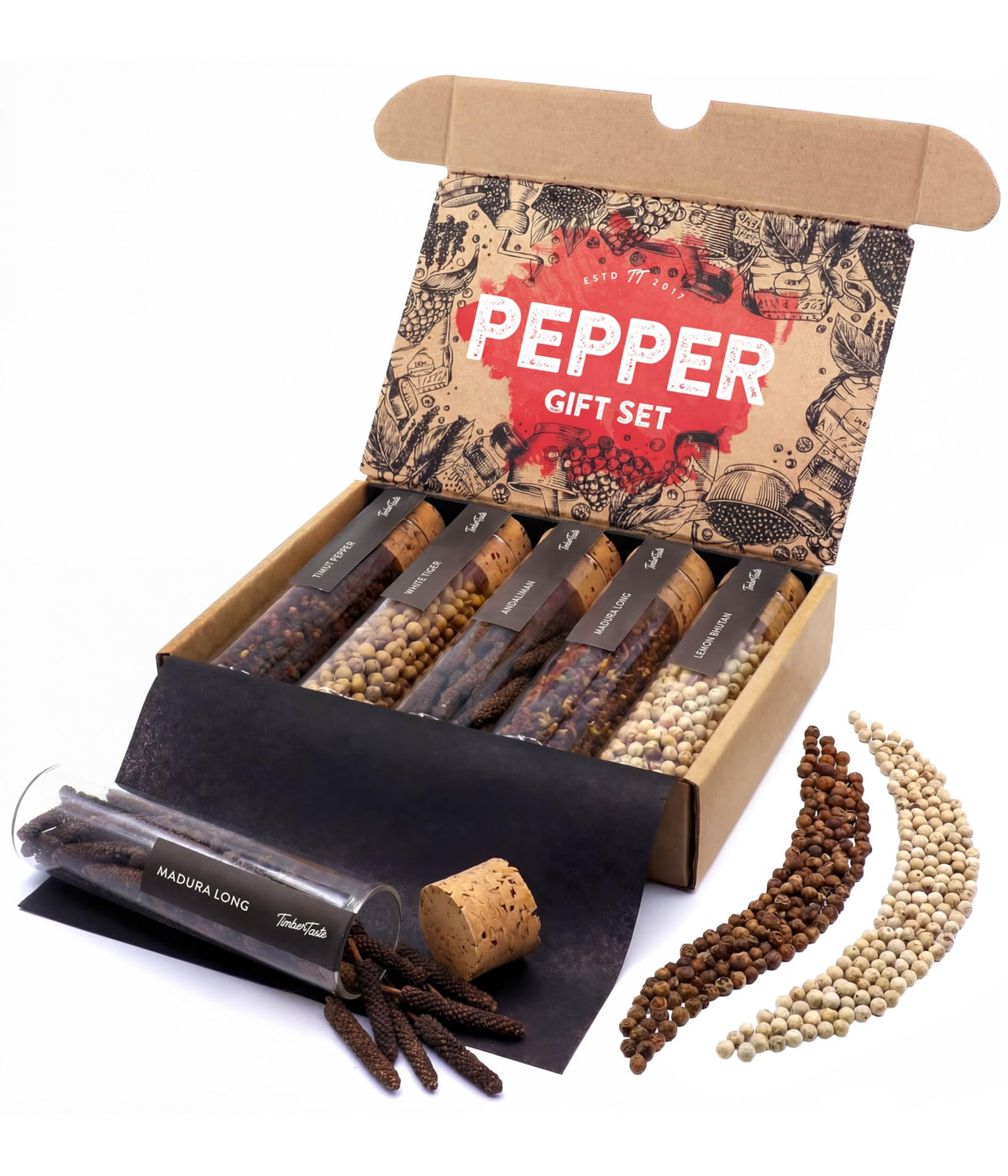 Timber Taste front packaging showing five pepper jars and gift-ready presentation benefit