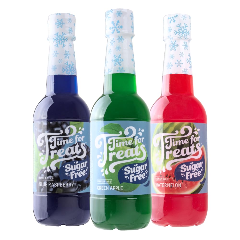 TIME FOR TREATS front packaging showing three sugar-free bottles and vibrant colors, convenient variety