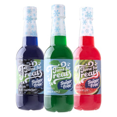 TIME FOR TREATS front packaging showing three sugar-free bottles and vibrant colors, convenient variety