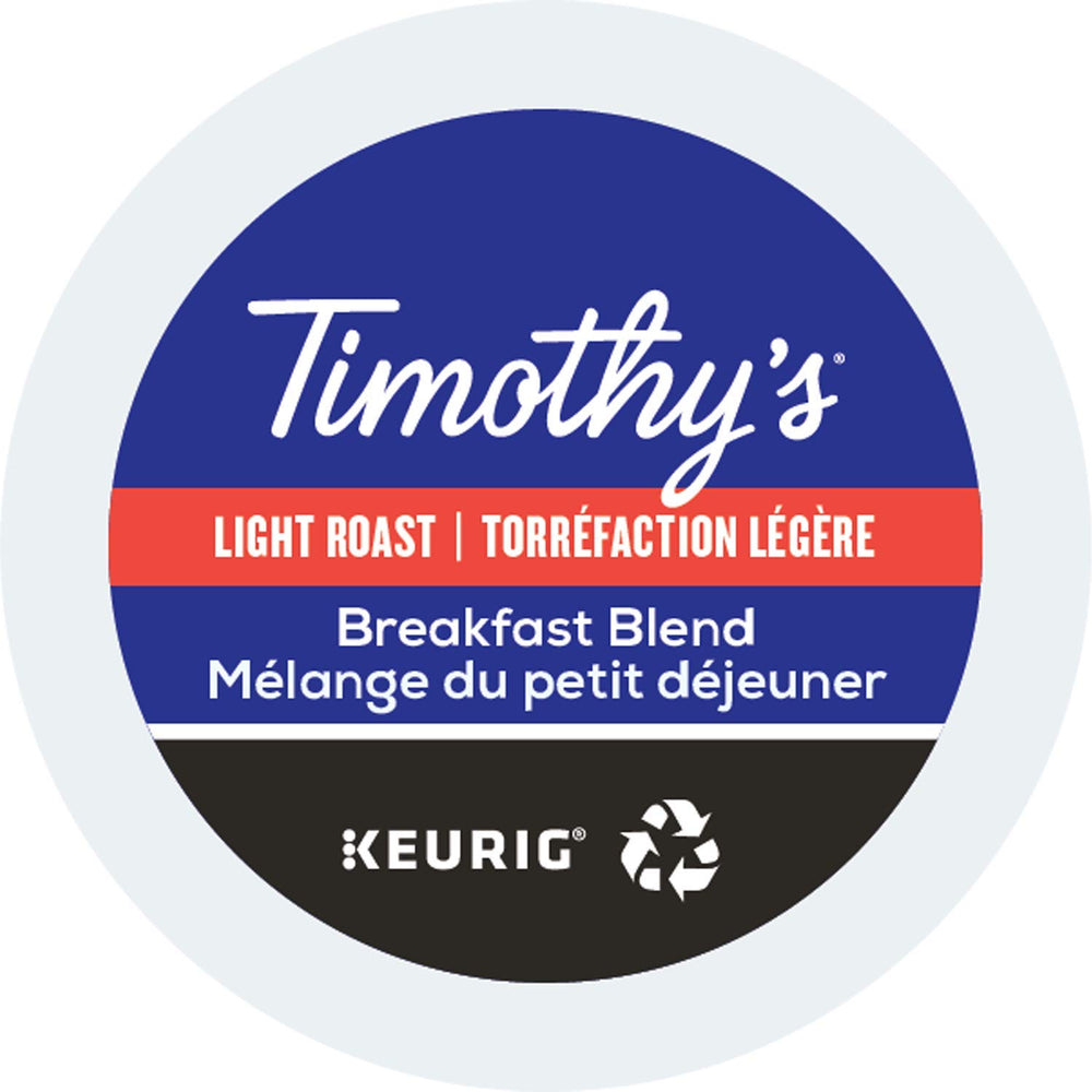 Timothy's World Coffee front packaging of Breakfast Blend 96-count showing bundle benefit
