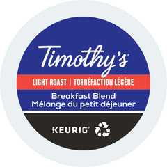 Timothy's World Coffee front packaging of Breakfast Blend 96-count showing bundle benefit