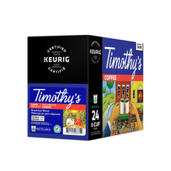 Timothy's World Coffee K-Cup pod placed in single-serve brewer demonstrating fast brewing