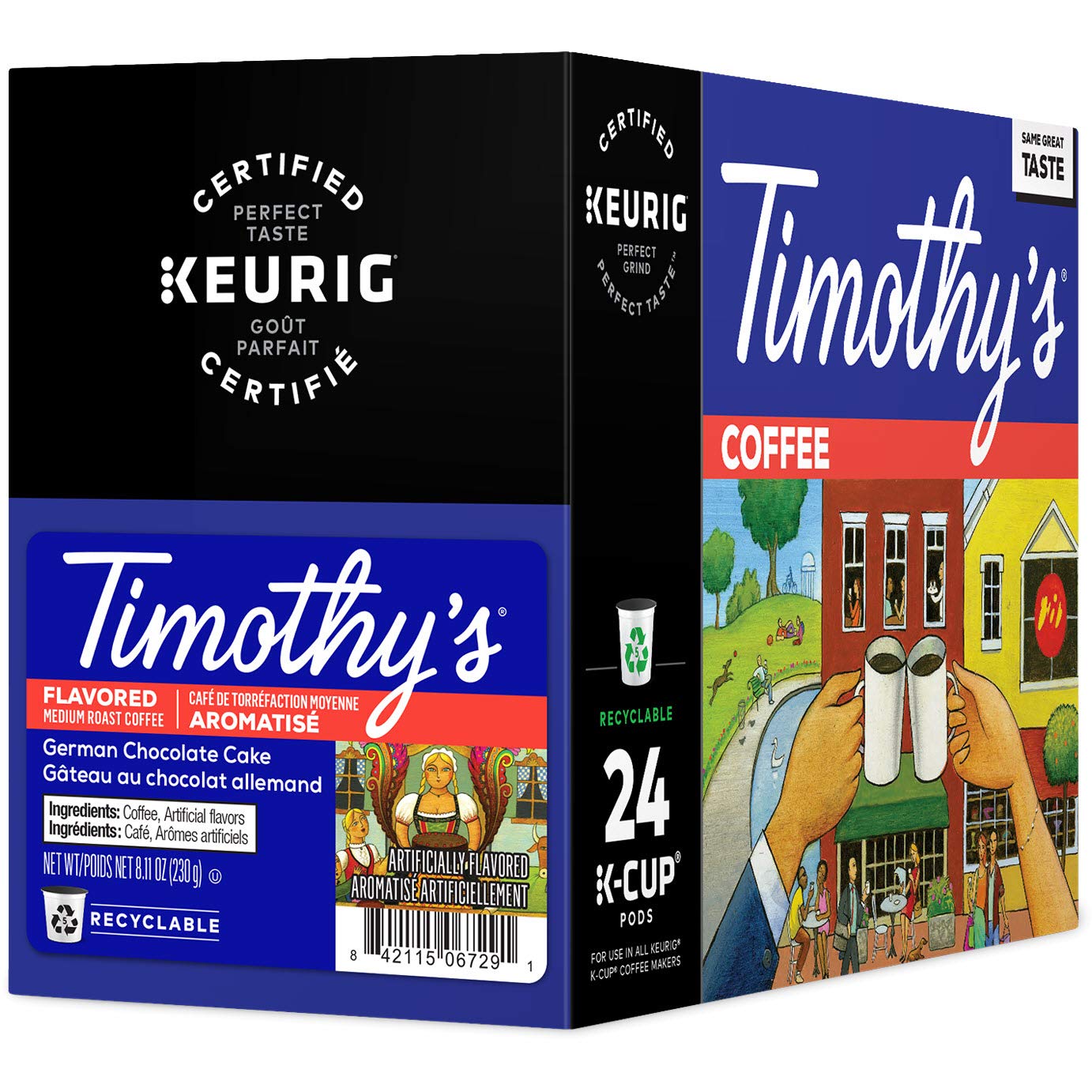 Timothy's brewed cup in kitchen setting highlighting dessert-like flavor enjoyment