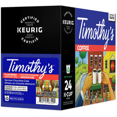 Timothy's brewed cup in kitchen setting highlighting dessert-like flavor enjoyment