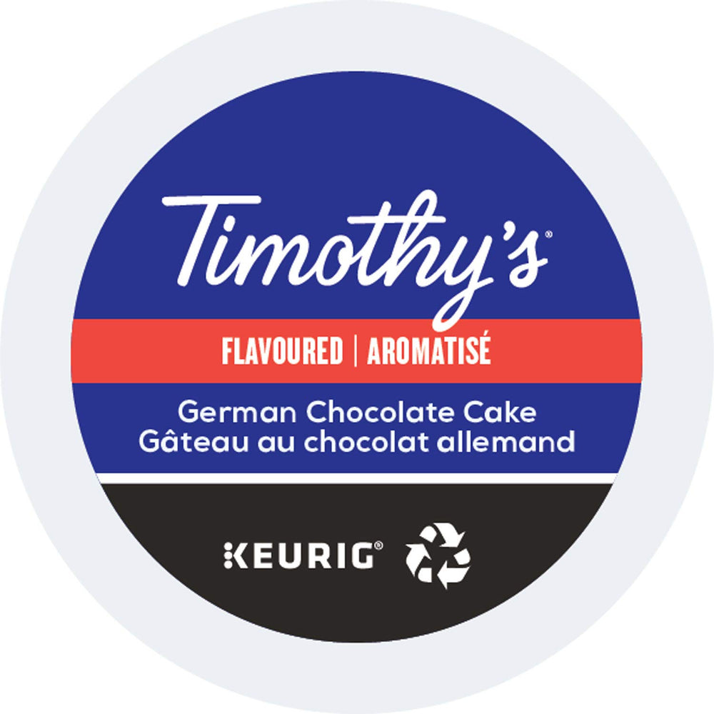Timothy's front packaging showing German Chocolate Cake K-Cups and product count benefit