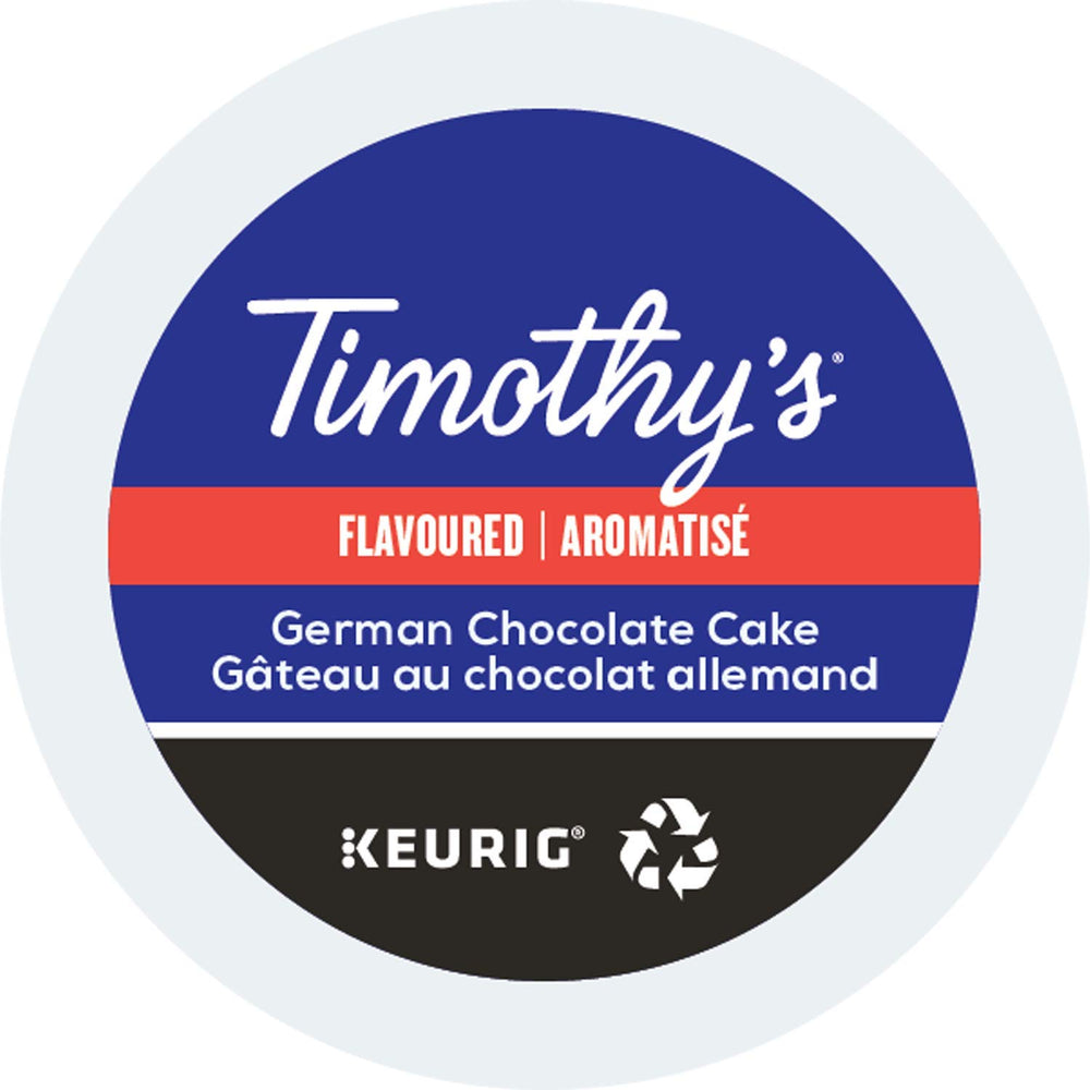Timothy's front packaging showing K-Cup box and dessert-like flavor benefits