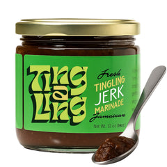 Ting A Ling jar front label showing bold jerk branding and benefits