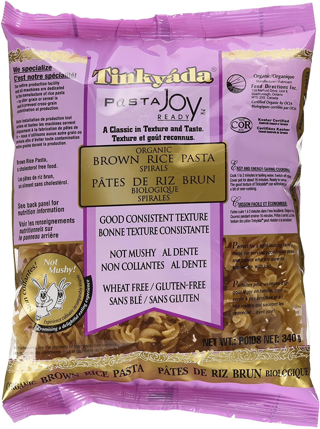 Tinkyada front packaging spirals showing kosher label and pantry-ready benefit