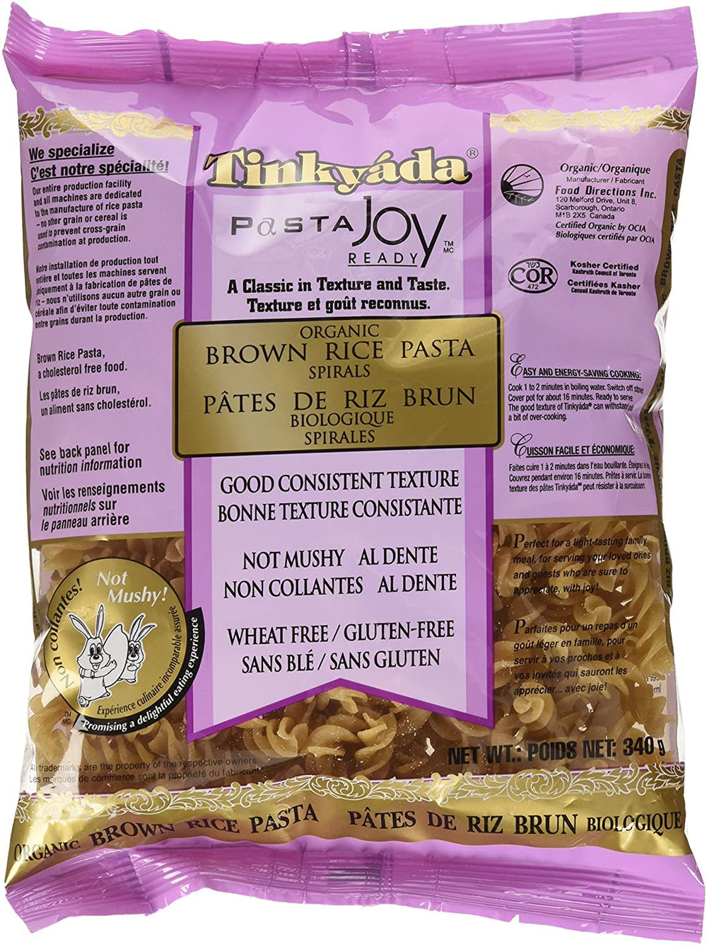 Tinkyada front packaging spirals showing kosher label and pantry-ready benefit