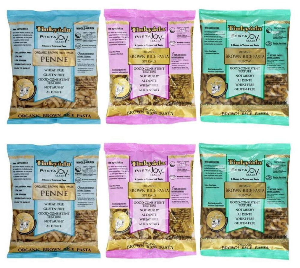 Tinkyada front packaging showing three organic gluten-free shapes and shelf-ready convenience