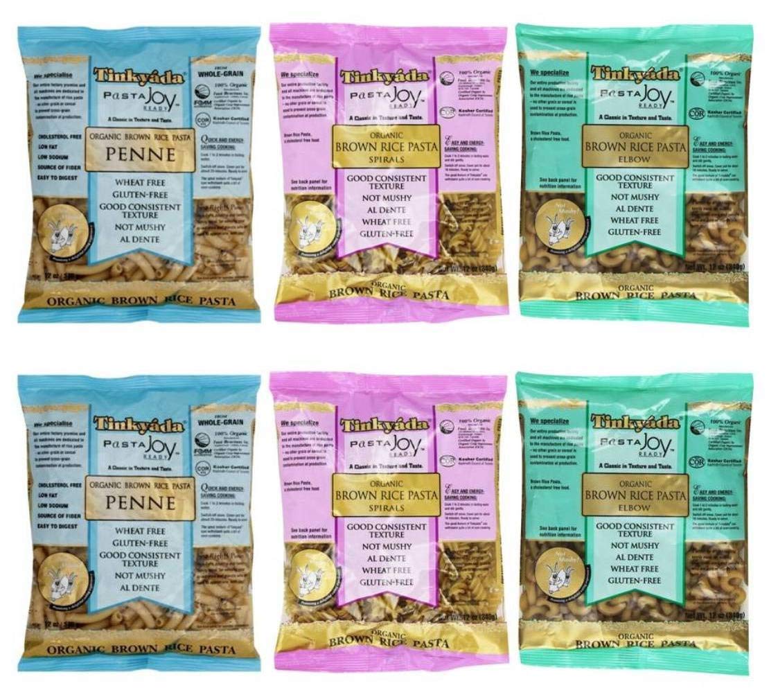 Tinkyada front packaging showing three organic gluten-free shapes and shelf-ready convenience
