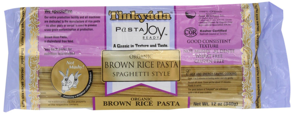Tinkyada front packaging shows organic brown rice spaghetti and product benefits