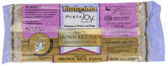 Tinkyada front packaging shows organic brown rice spaghetti and product benefits