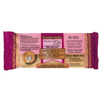 Tinkyada white rice spaghetti front packaging showing gluten-free benefit