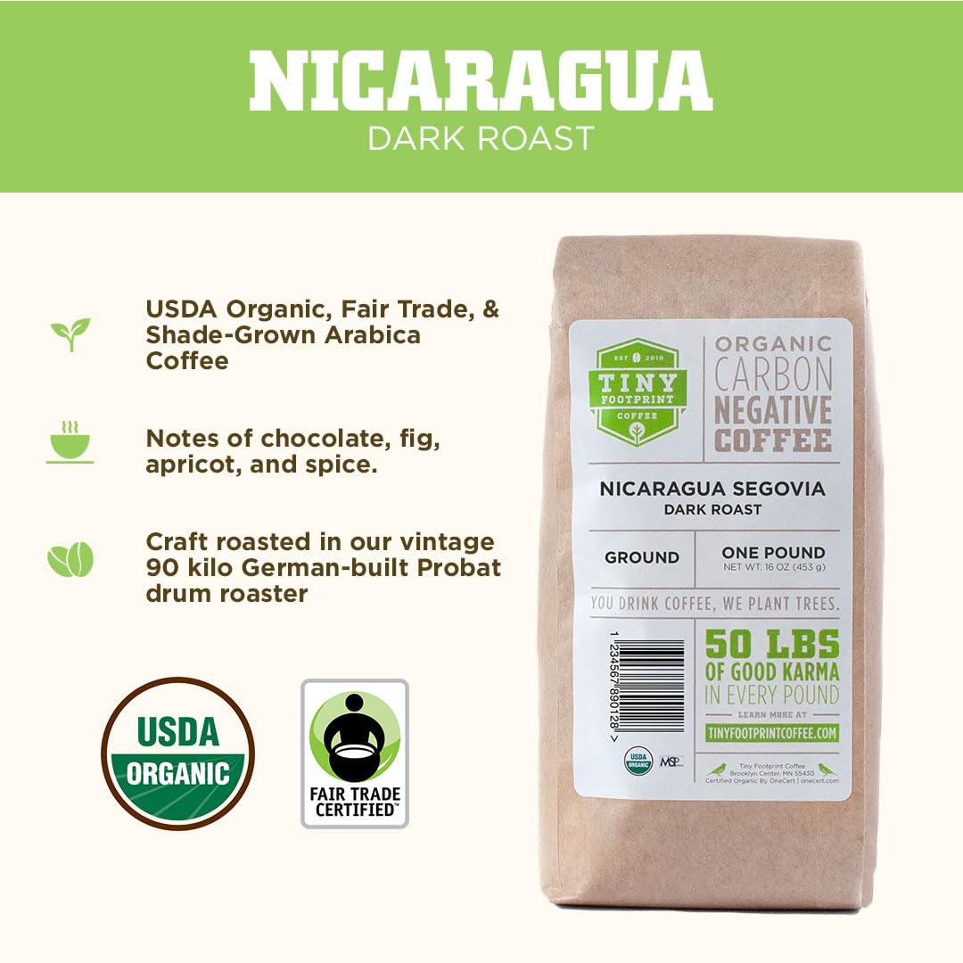 Tiny Footprint Coffee label detail showing certifications and sustainability claims