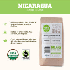 Tiny Footprint Coffee label detail showing certifications and sustainability claims