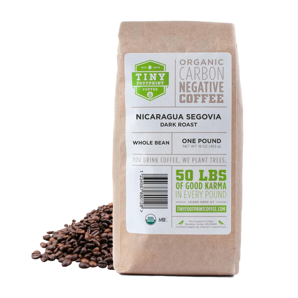 Tiny Footprint Coffee front of bag showing organic fair trade branding benefits