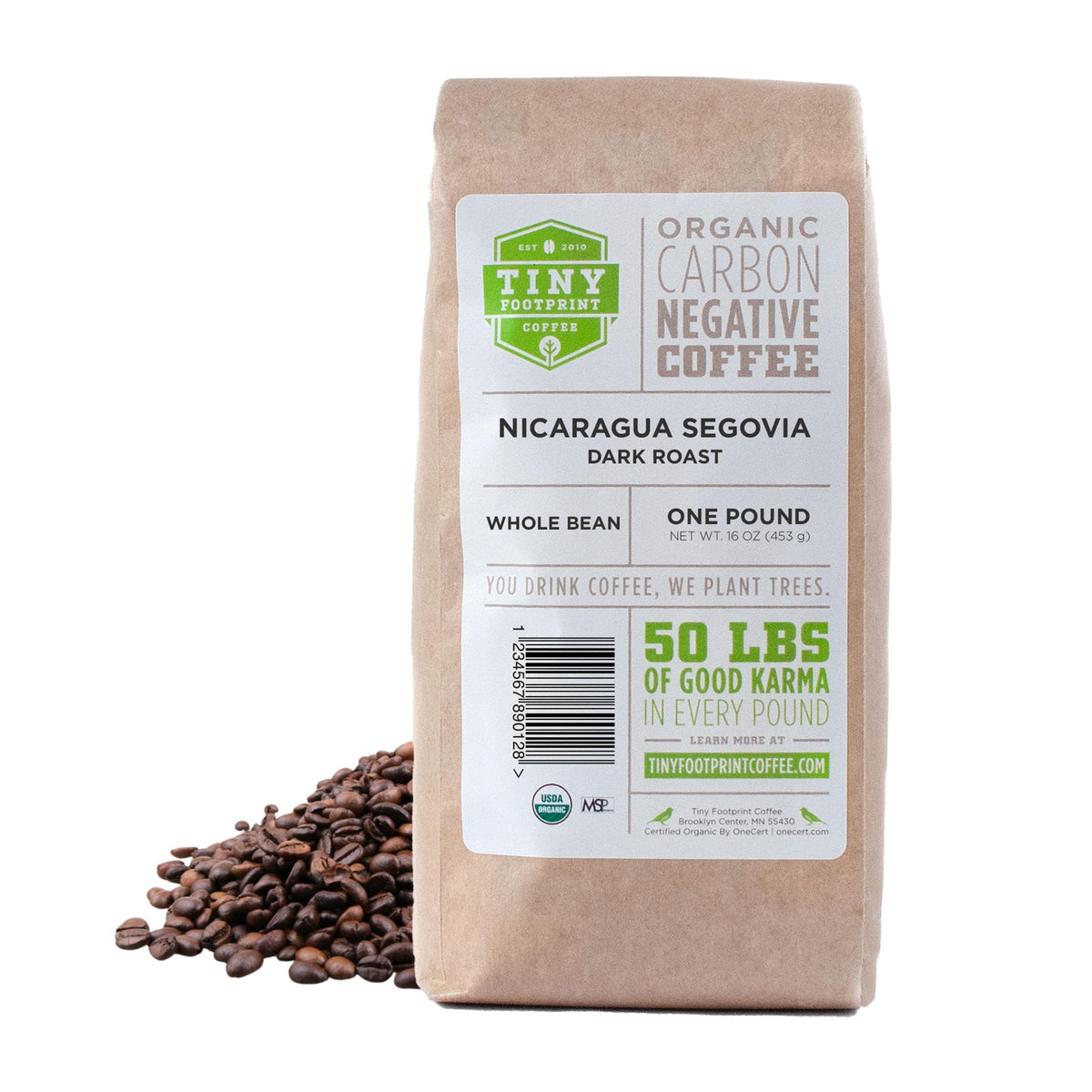Tiny Footprint Coffee front of bag showing organic fair trade branding benefits