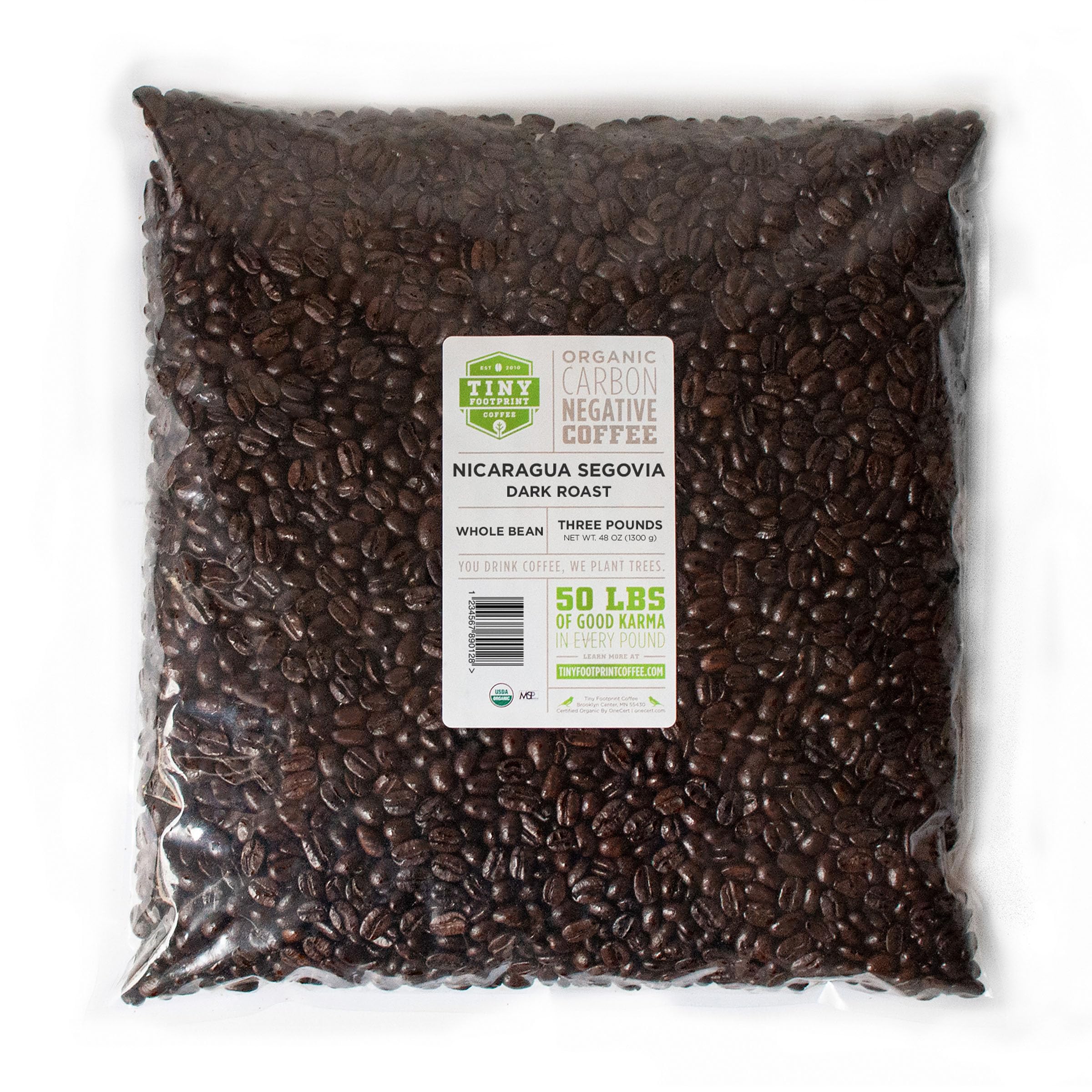 Tiny Footprint Coffee front packaging shows 3 lb bag and organic badge benefit freshness