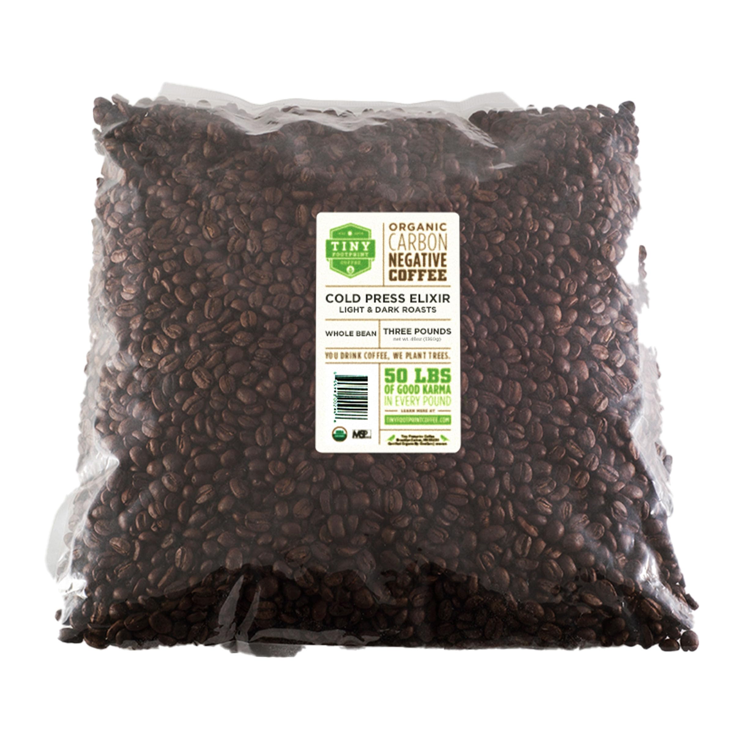 Tiny Footprint Coffee front packaging showing organic whole-bean bag and branding benefit