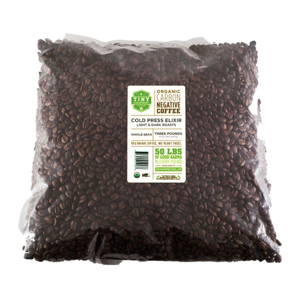 Tiny Footprint Coffee front packaging showing organic whole-bean bag and branding benefit