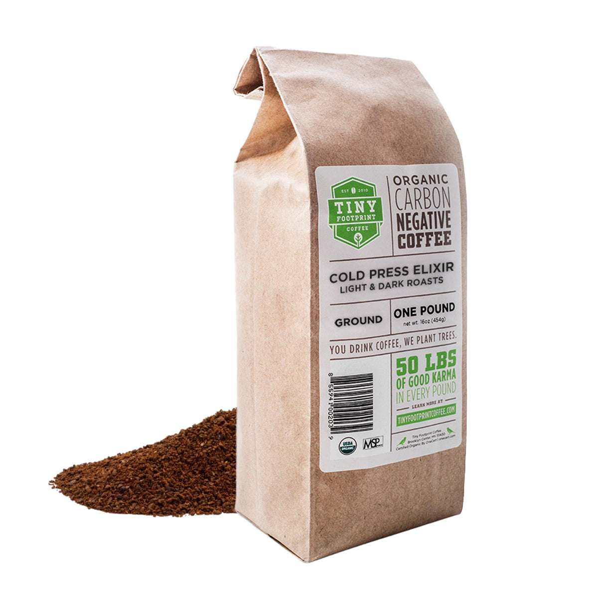 Tiny Footprint Coffee front packaging showing organic label and carbon negative benefit