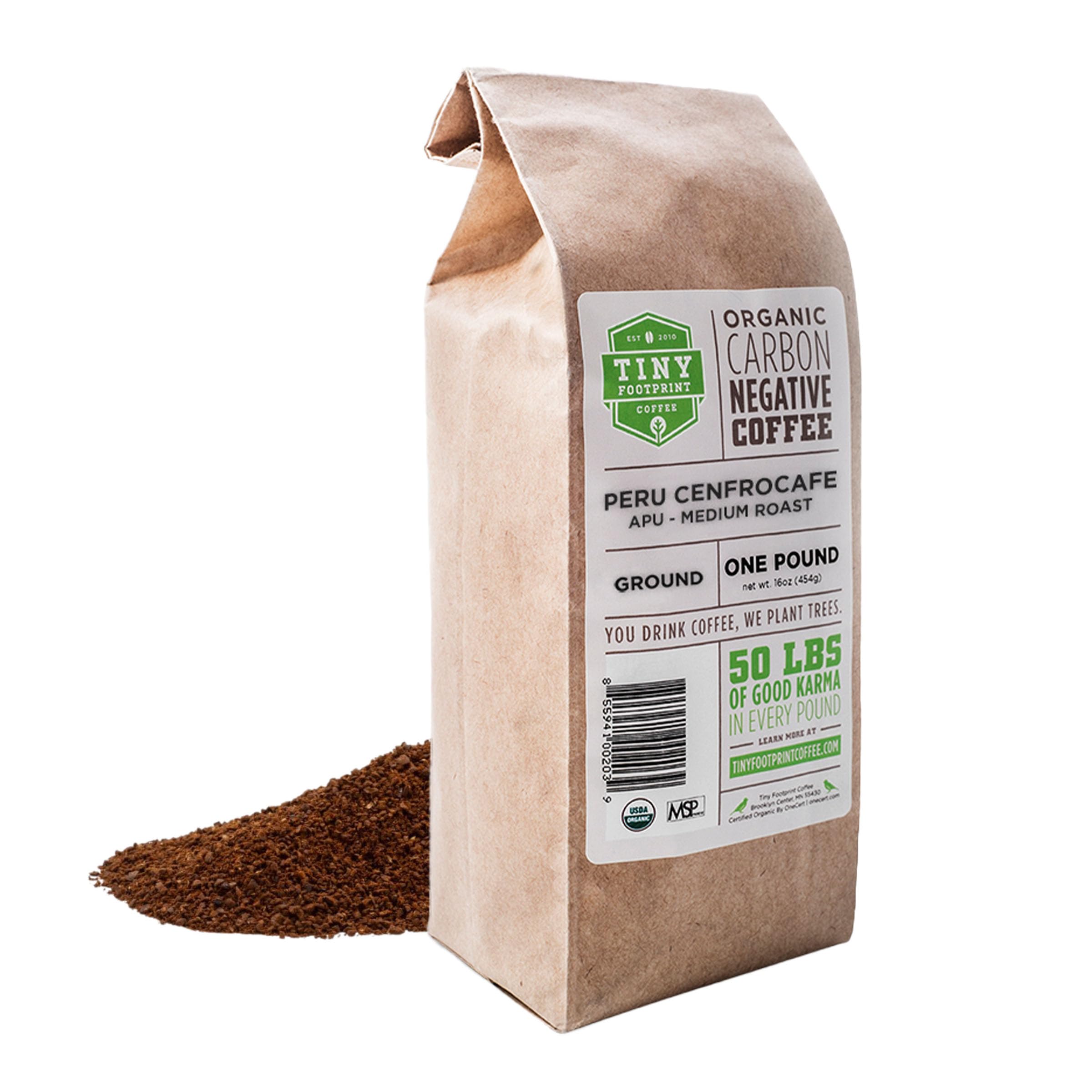 Tiny Footprint Coffee front packaging showing organic fair-trade badge and carbon negative benefit