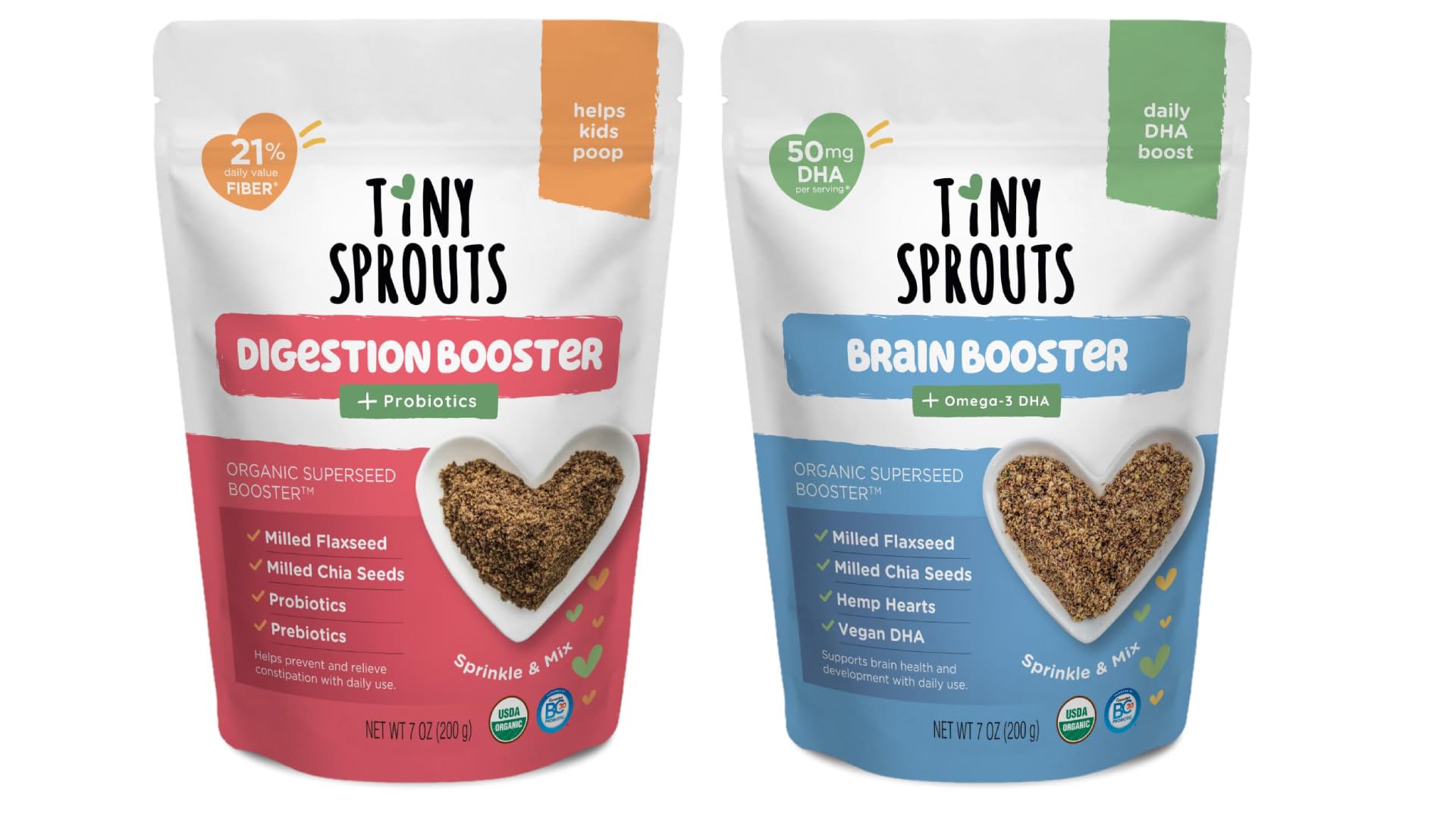 Tiny Sprouts front packaging showing both booster jars and family-friendly benefits